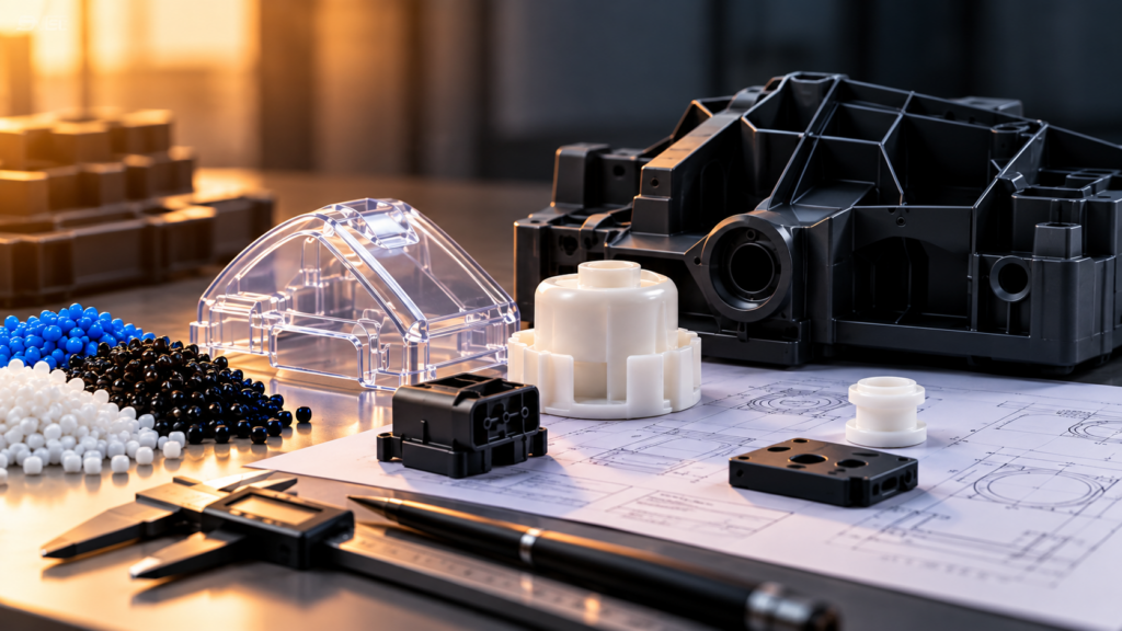 Peças plásticas injetadas, termoformadas e impressas em 3D sobre projeto técnico, com paquímetro e grânulos de resina